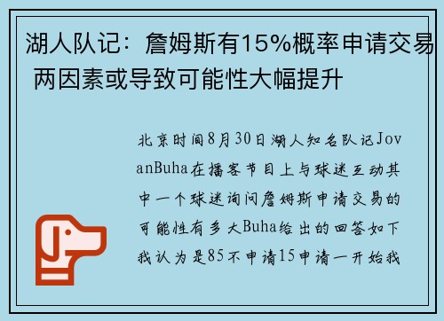 湖人队记：詹姆斯有15%概率申请交易 两因素或导致可能性大幅提升